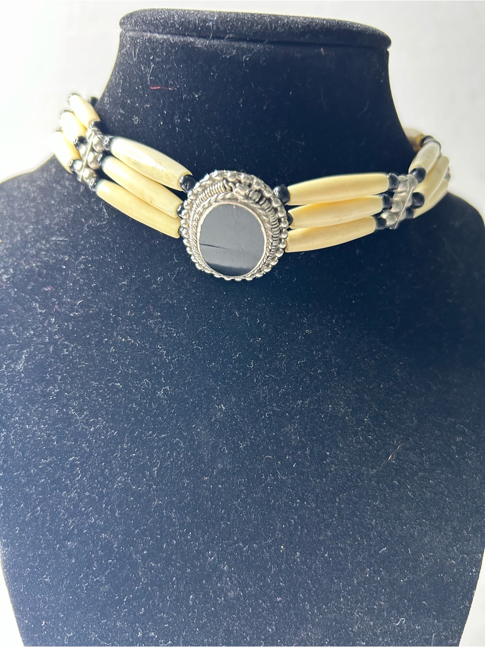 Native American Style Faux Ivory 3 tier black leather chocker southwestern